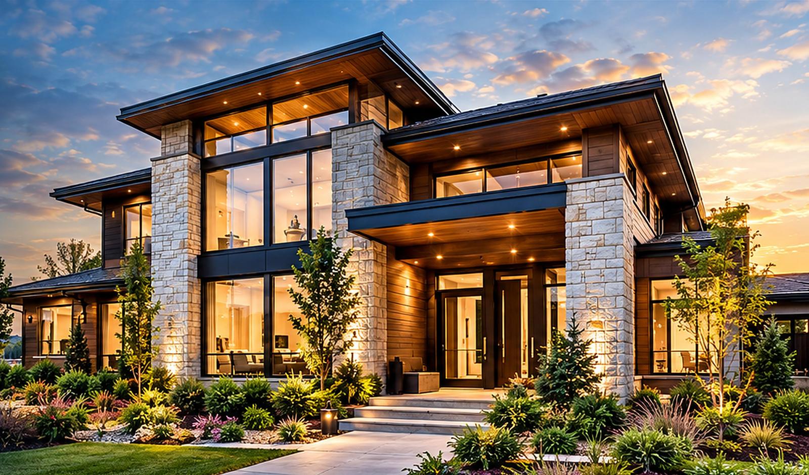 A modern custom home at sunset
